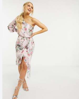 Lipsy x Abbey Dress Size 12 Pink Chiffon Bird Floral Single Shoulder NWT